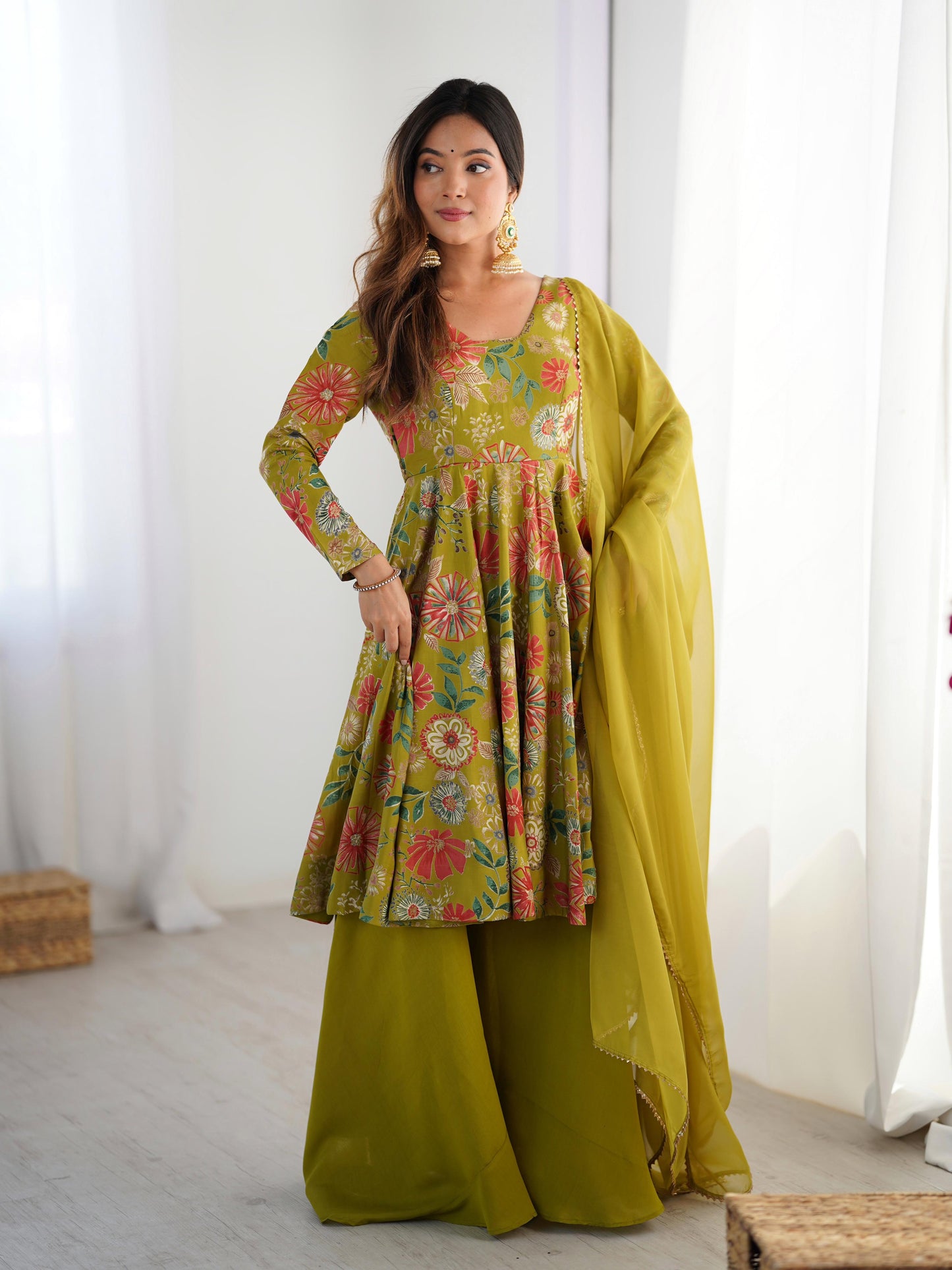 Green roman silk chanderi sharara suit with dupatta