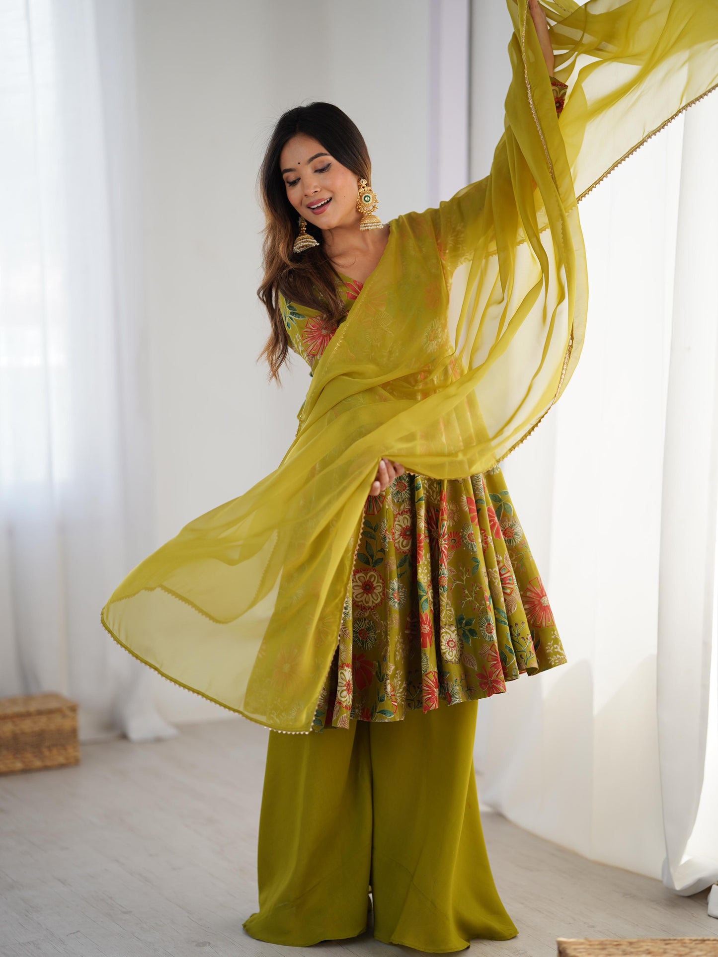 Green printed roman silk chanderi sharara suit