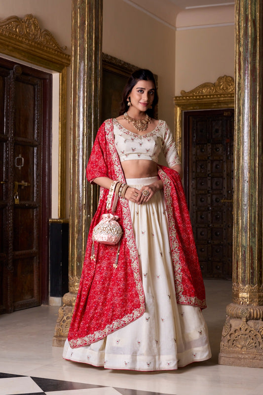 Off White color vichitra silk lehenga choli for women