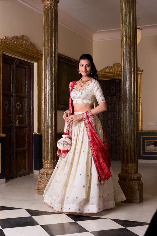 Off White color vichitra silk lehenga choli for wedding