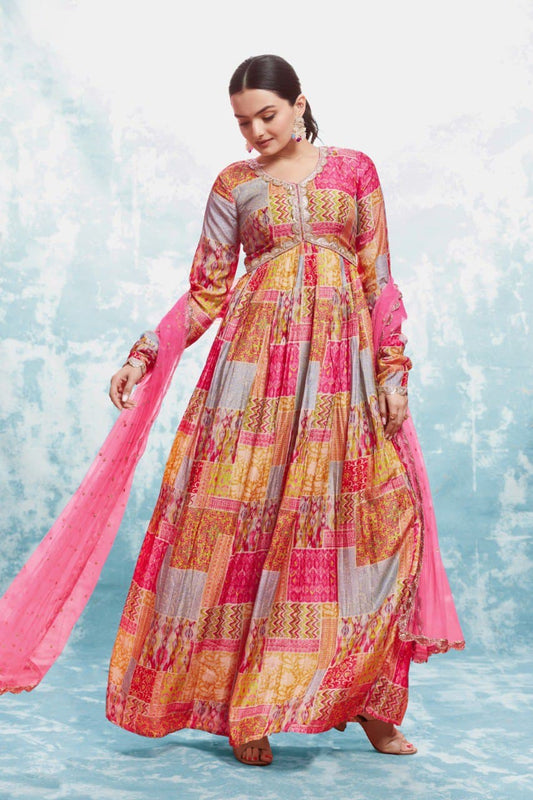 Multi color cotton printed gown with dupatta online