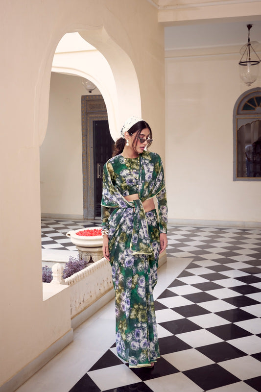 Green color weightless marbal saree with blouse online