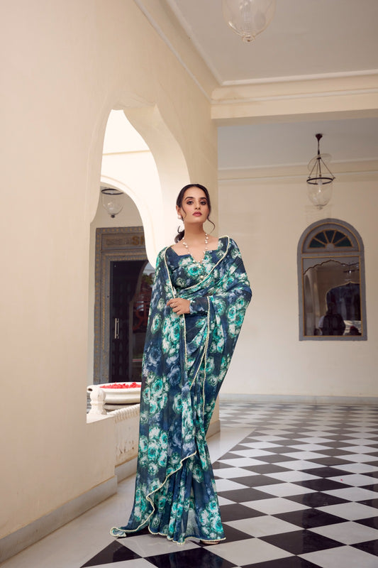 Navy blue color weightless marbal saree for wedding