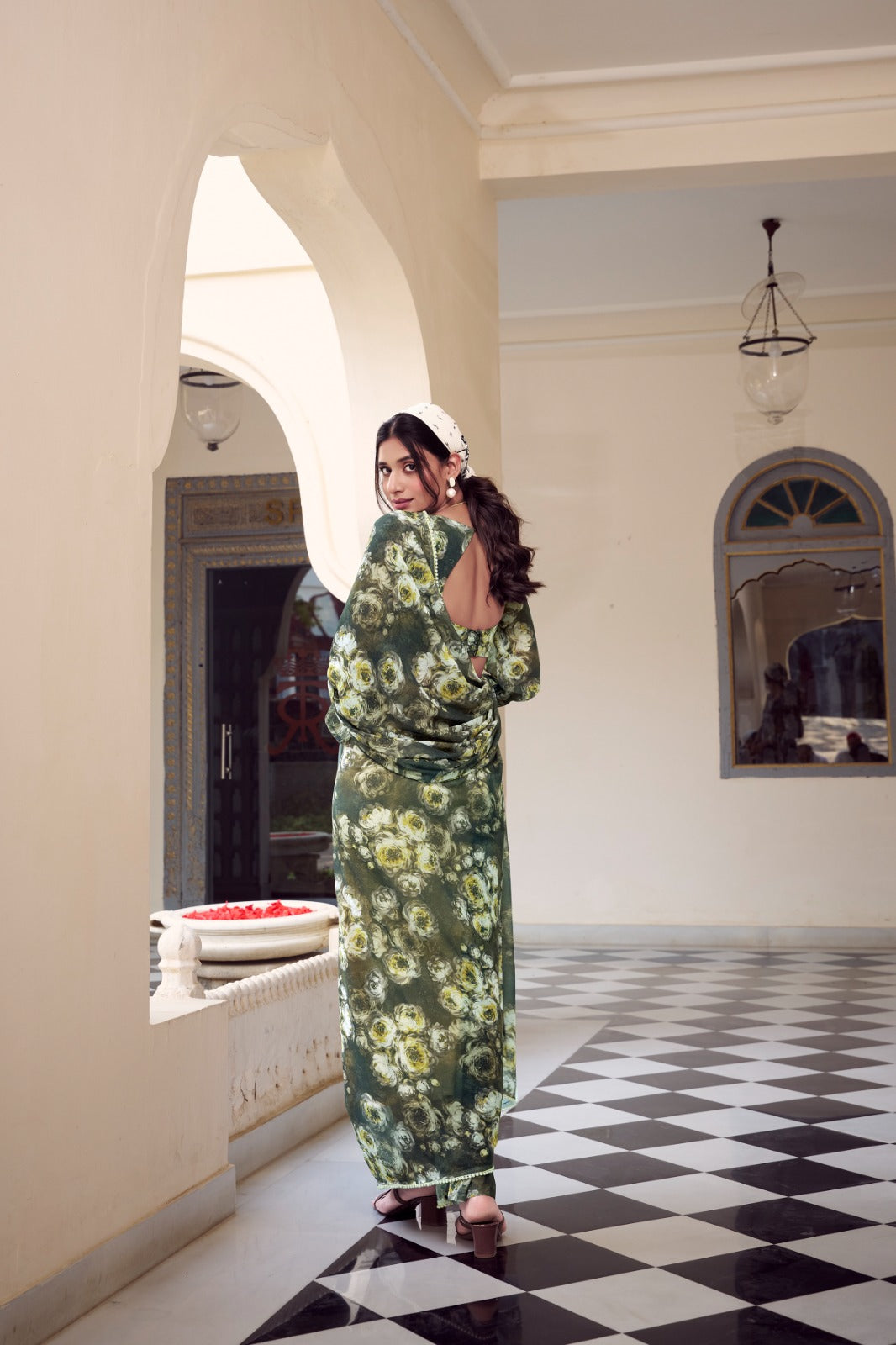 Green color weightless marbal saree with blouse online