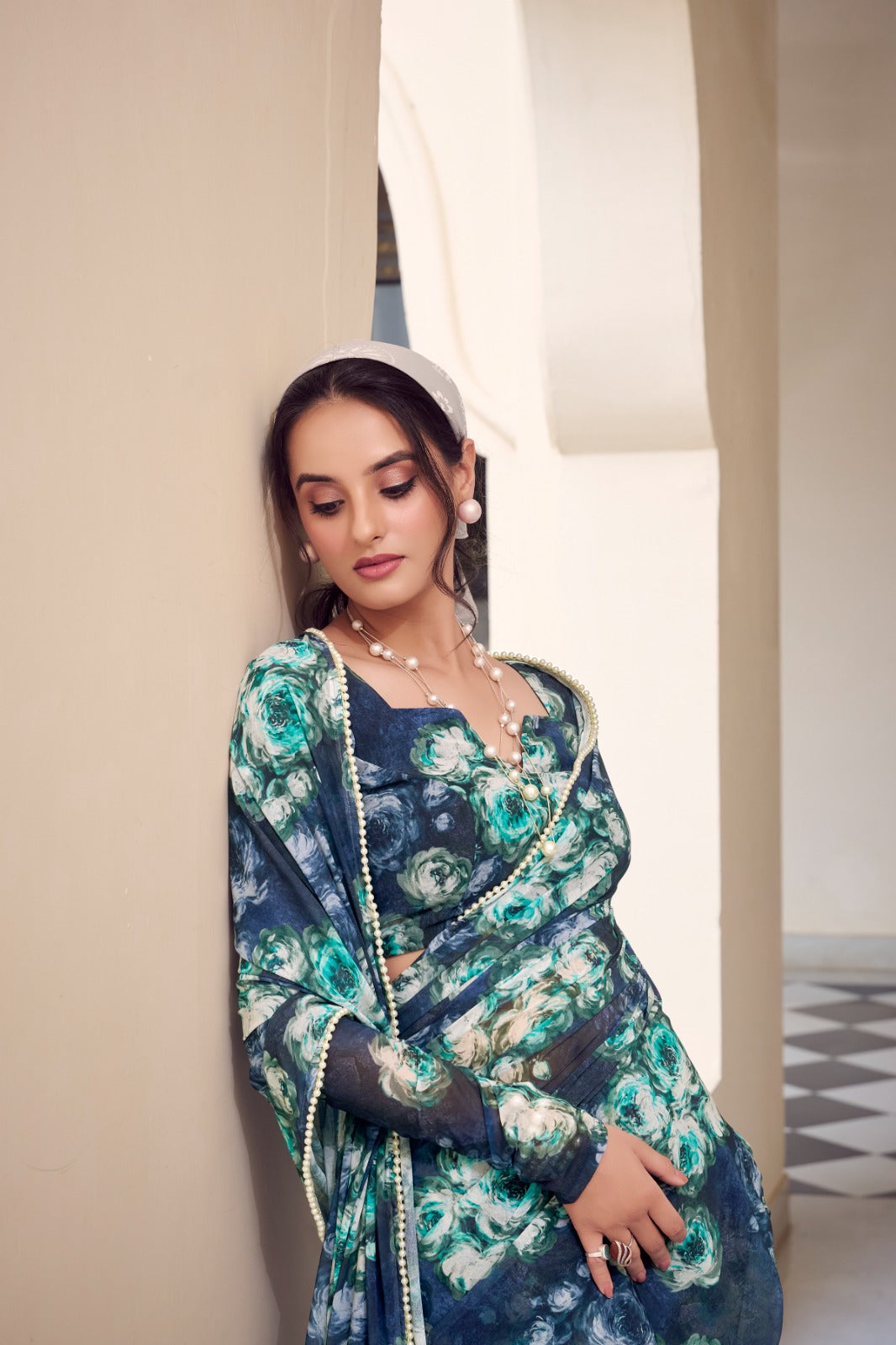 Navy blue color weightless marbal saree with blouse online
