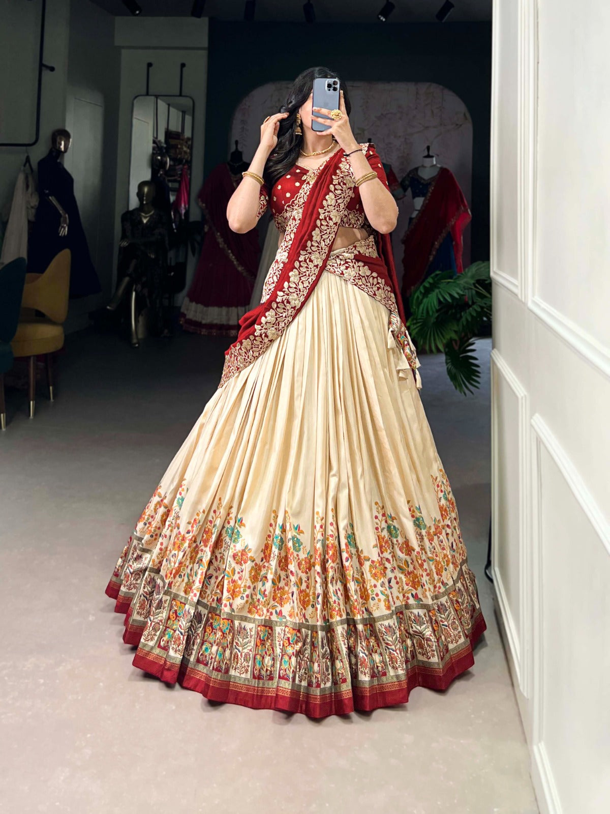 Off White color vichitra silk lehenga choli with dupatta