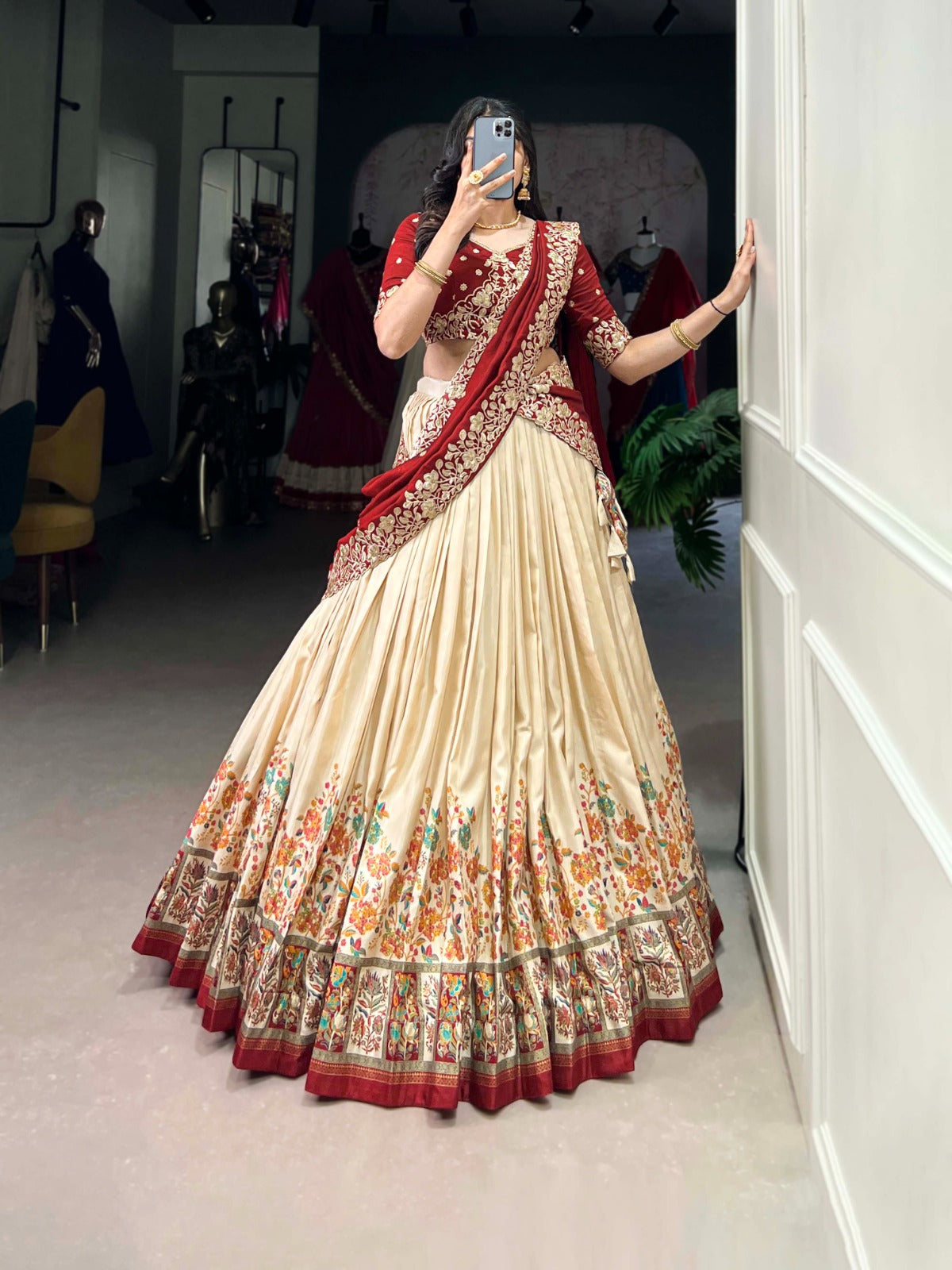 Off White color vichitra silk lehenga choli with dupatta price