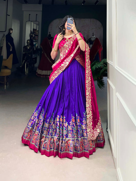 Blue color tussar silk lehenga choli for wedding