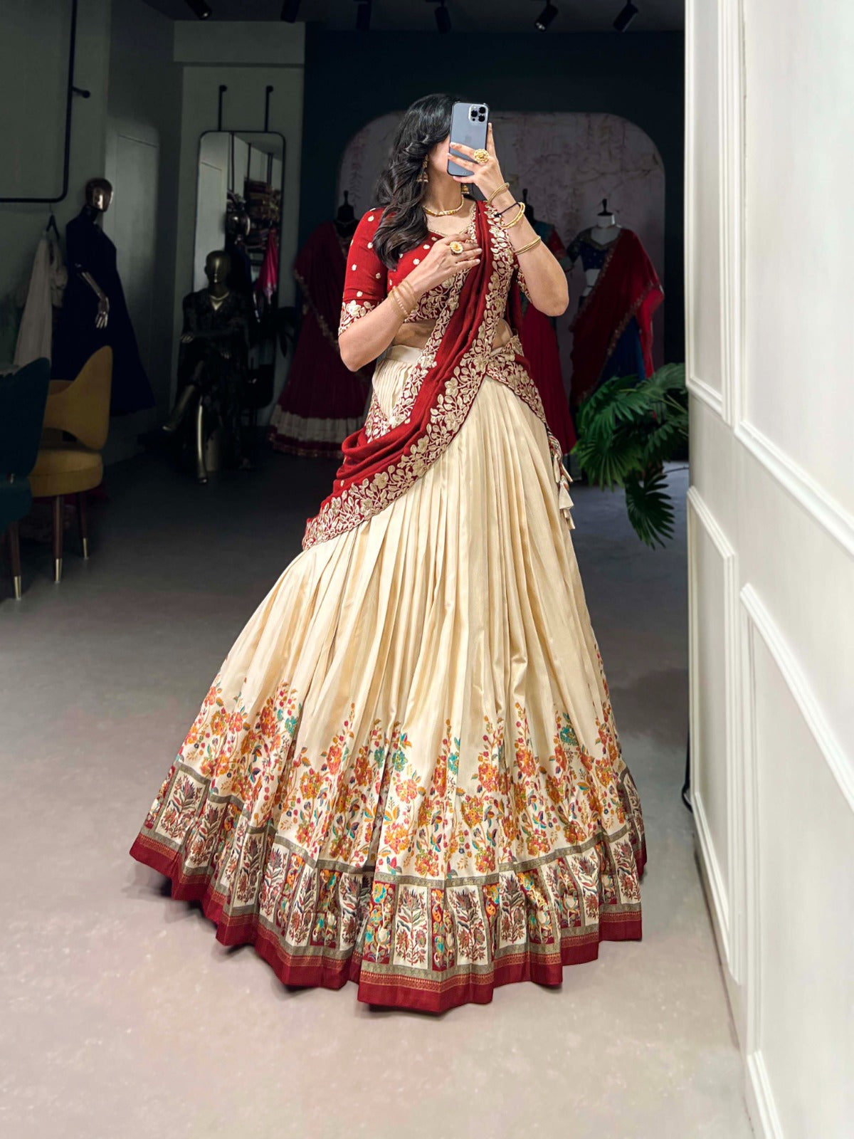 Off White color vichitra silk lehenga choli with dupatta online shopping