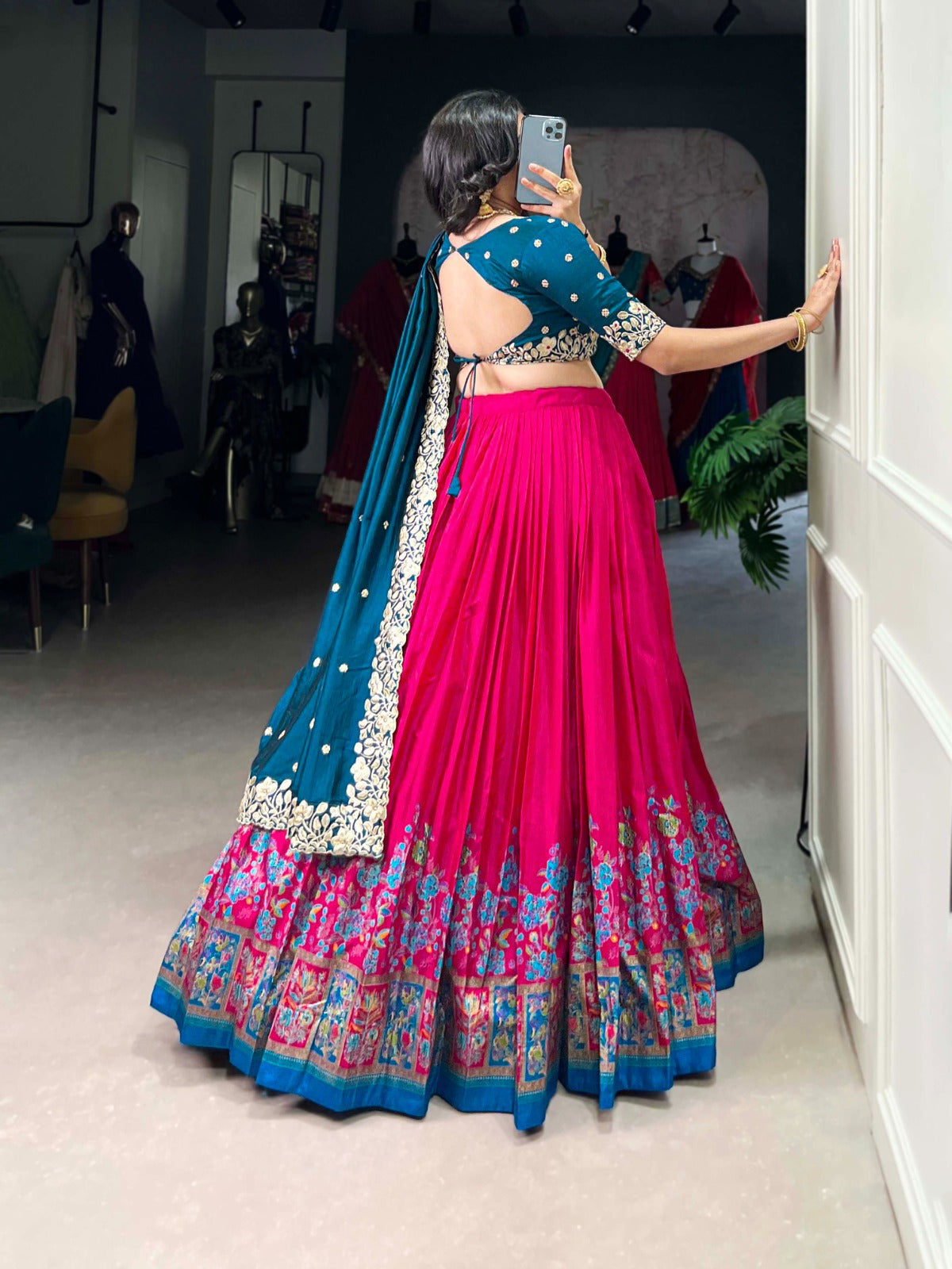 Pink color tussar silk lehenga choli with dupatta online