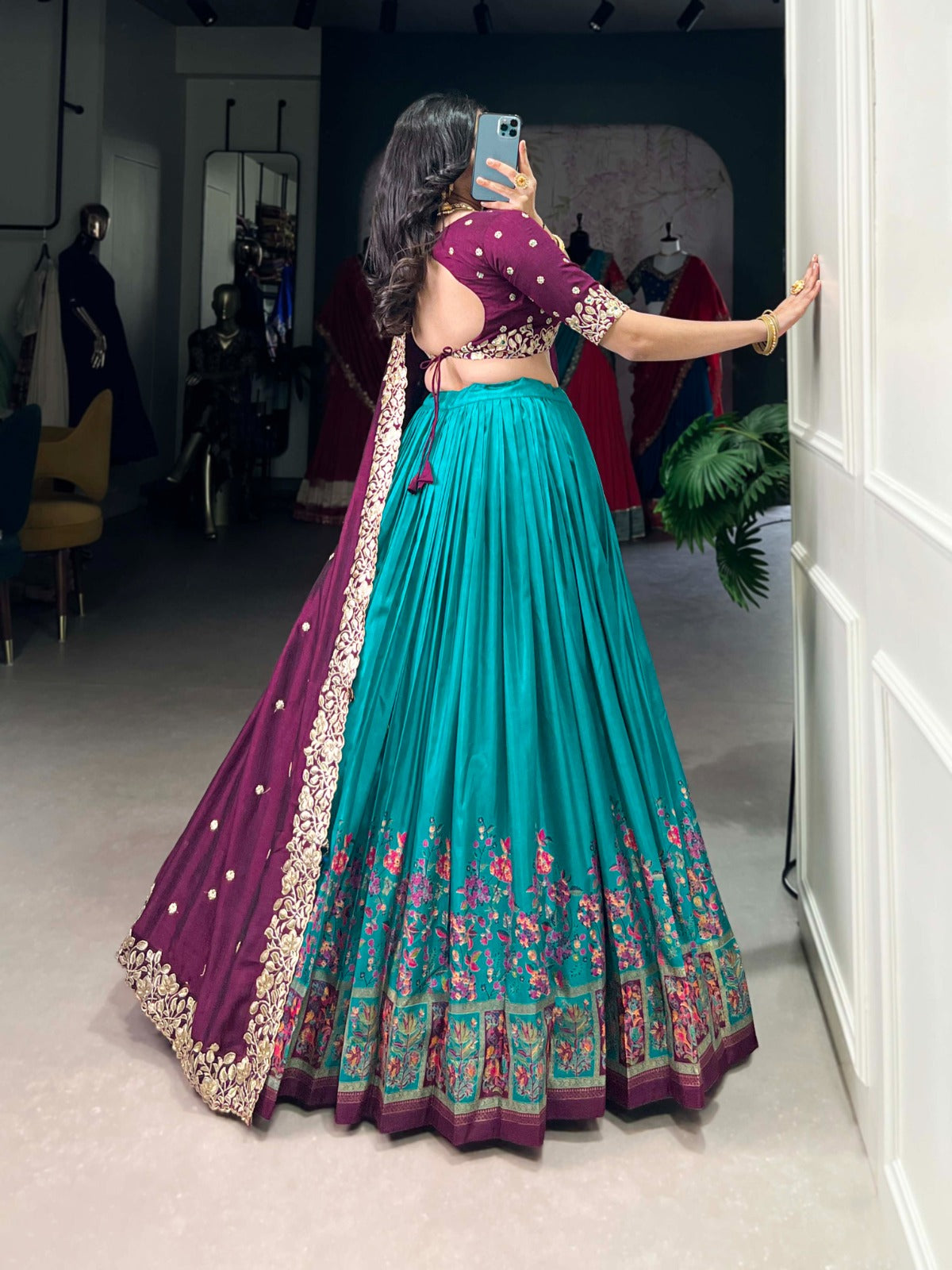 Firozi color vichitra silk lehenga choli with dupatta