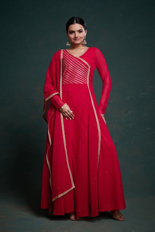 Pink georgette long gown with dupatta online shopping