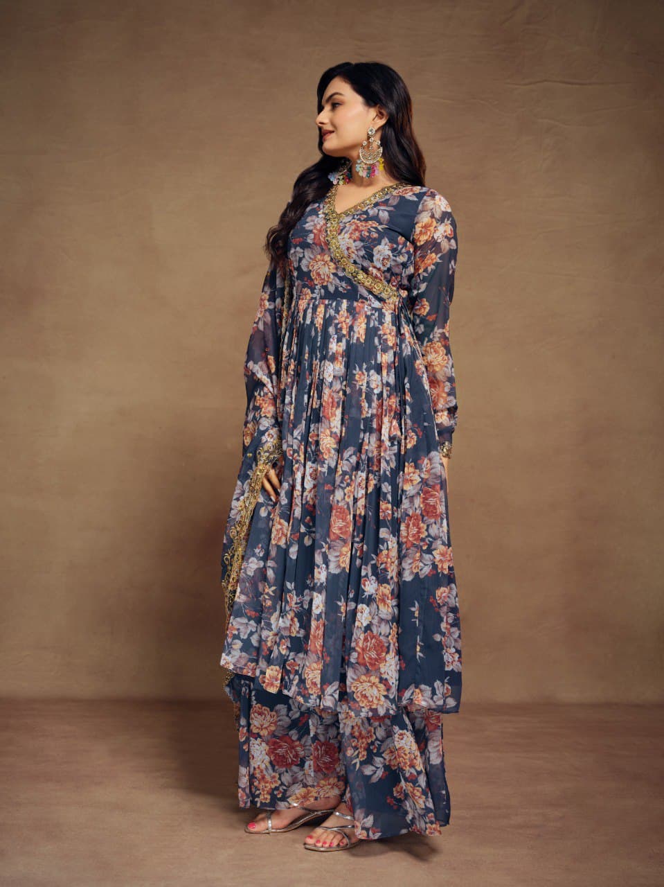 Blue color chiffon sharara suit for women price