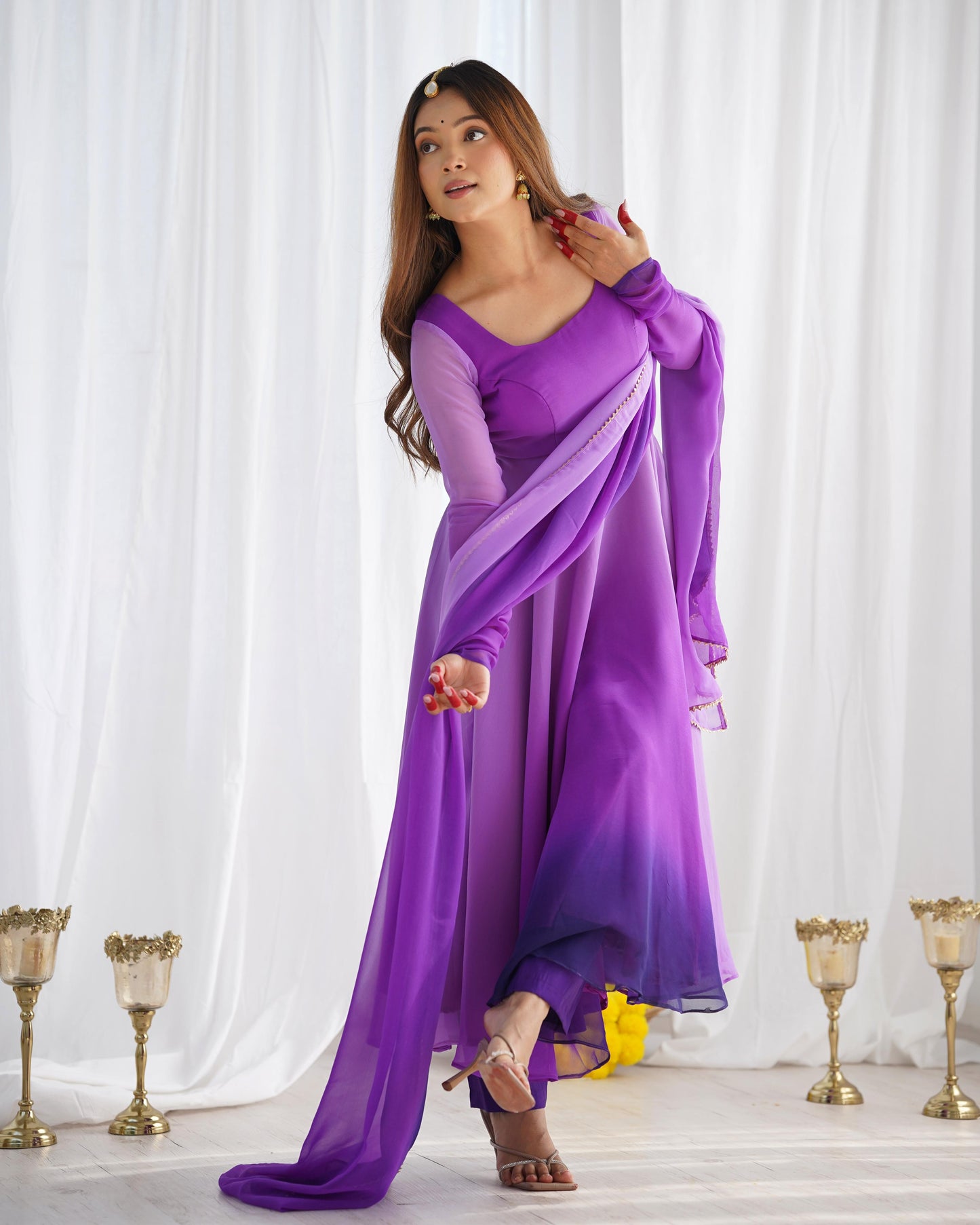 Purple color georgette long gown with dupatta images