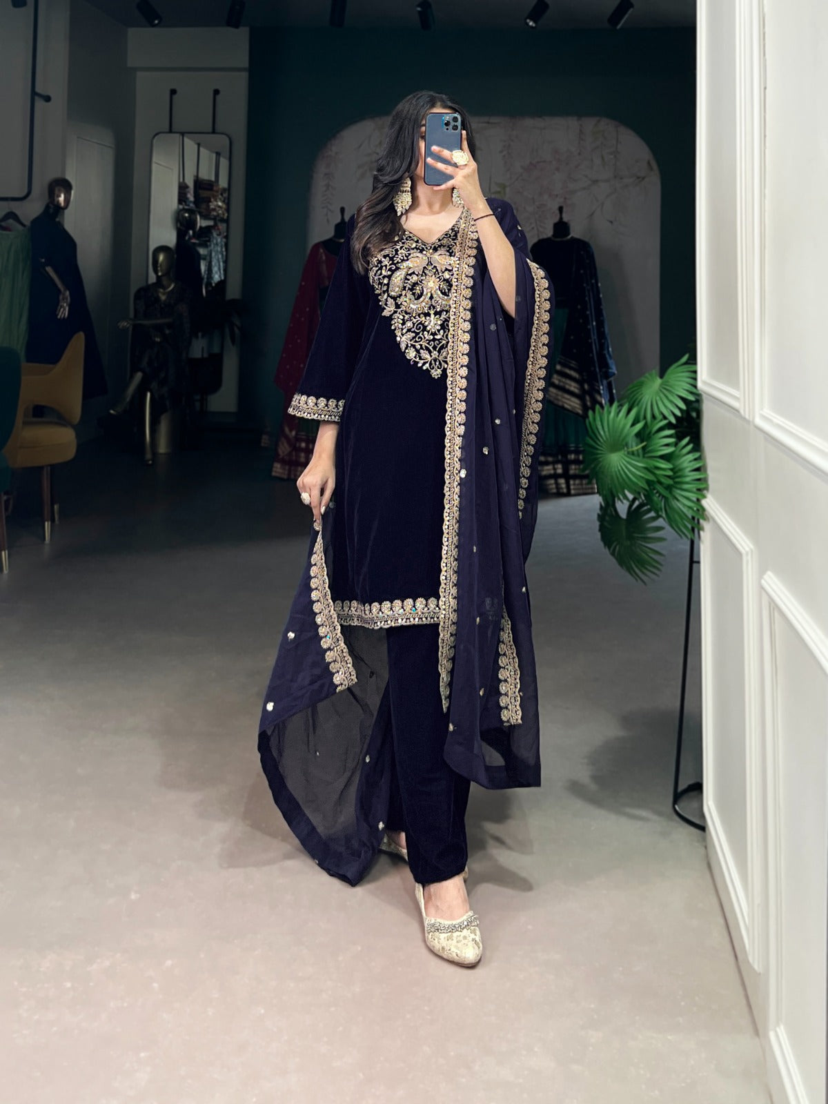 Navy blue color velvet salwar suit for women