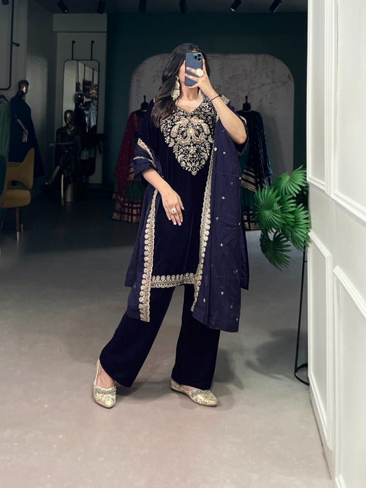 Navy blue color velvet salwar suit for wedding