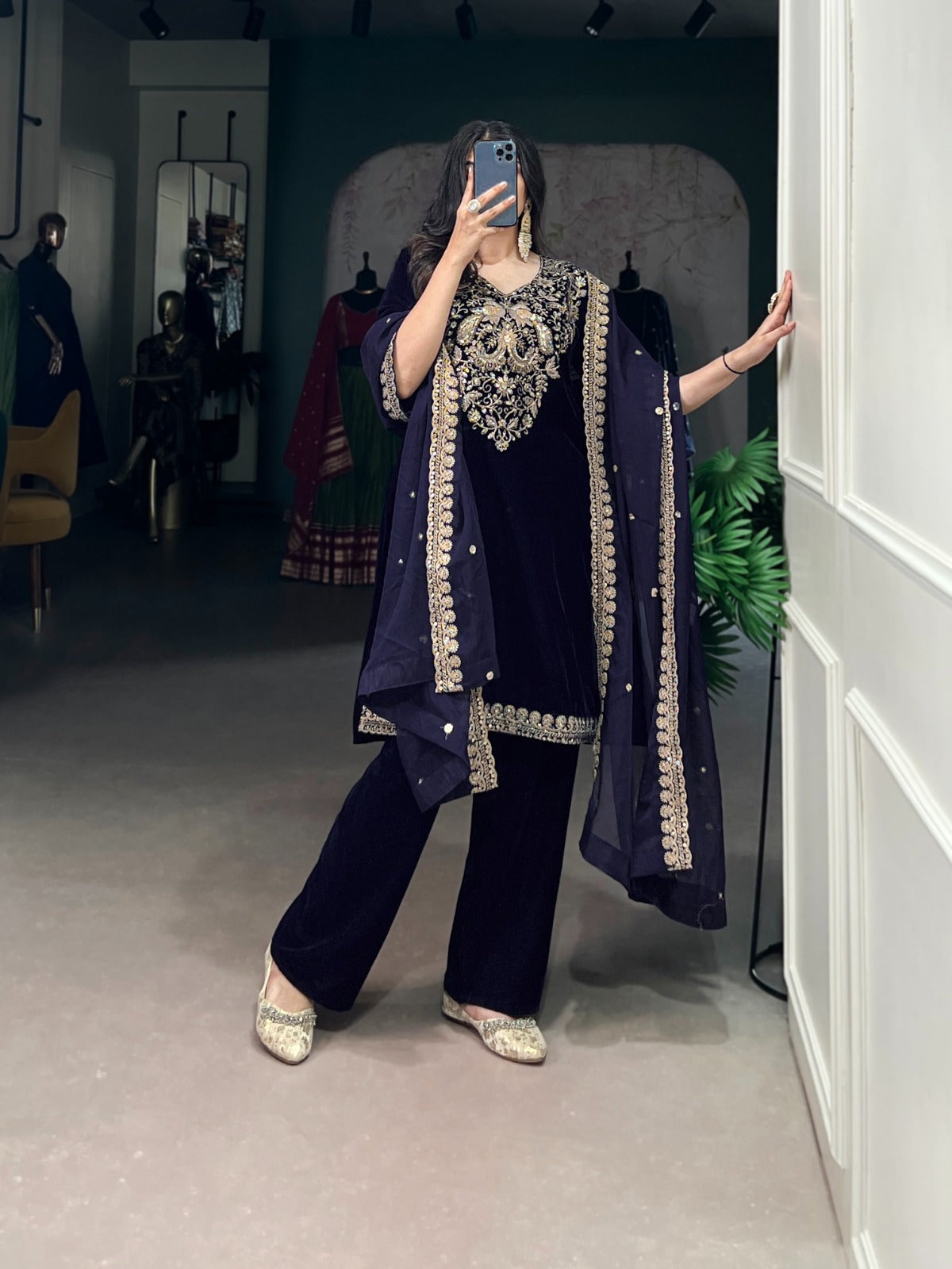 Navy blue color velvet salwar suit for price