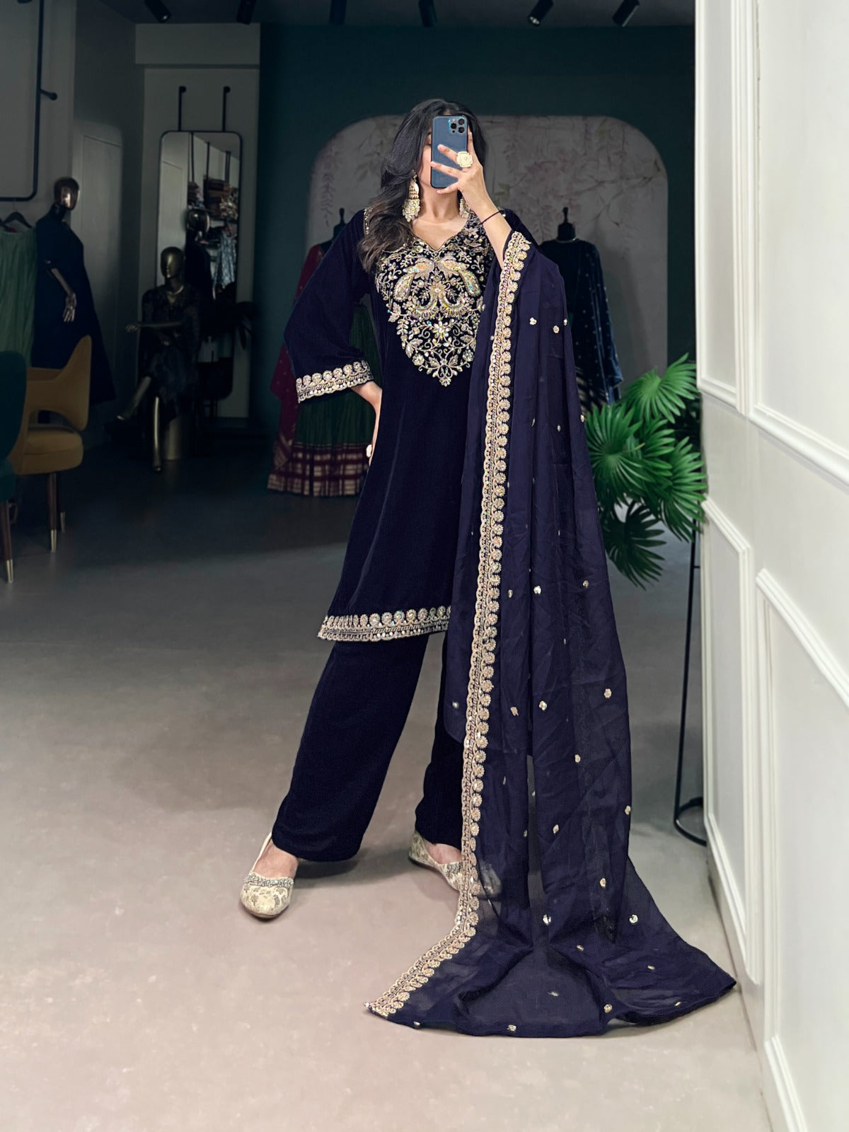 Navy blue color velvet salwar suit for images