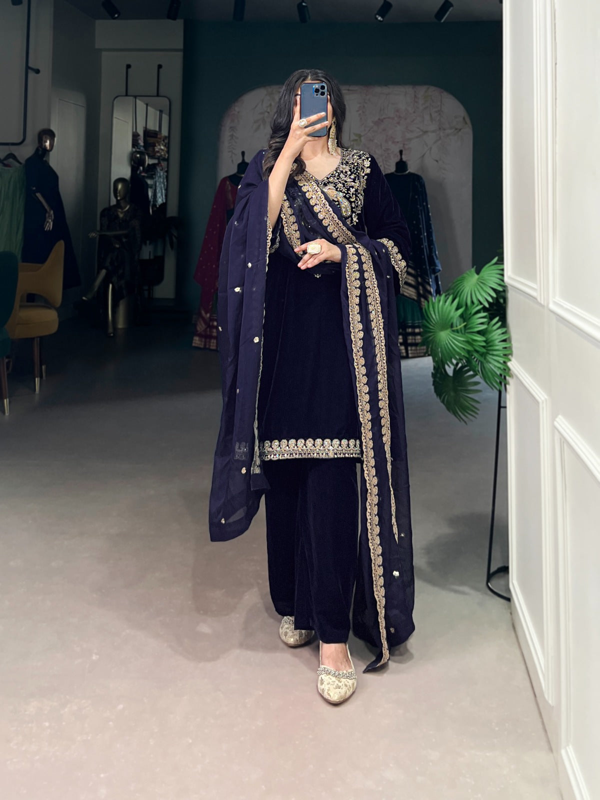 Navy blue color velvet salwar suit with dupatta