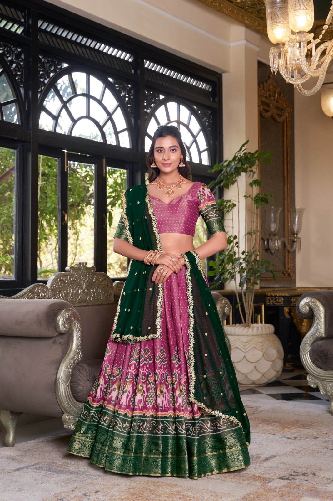 Pink color kanchipuram lehenga choli for women