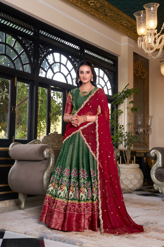 Green color kanchipuram lehenga choli for women
