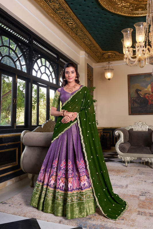 Purple color kanchipuram lehenga choli with dupatta price