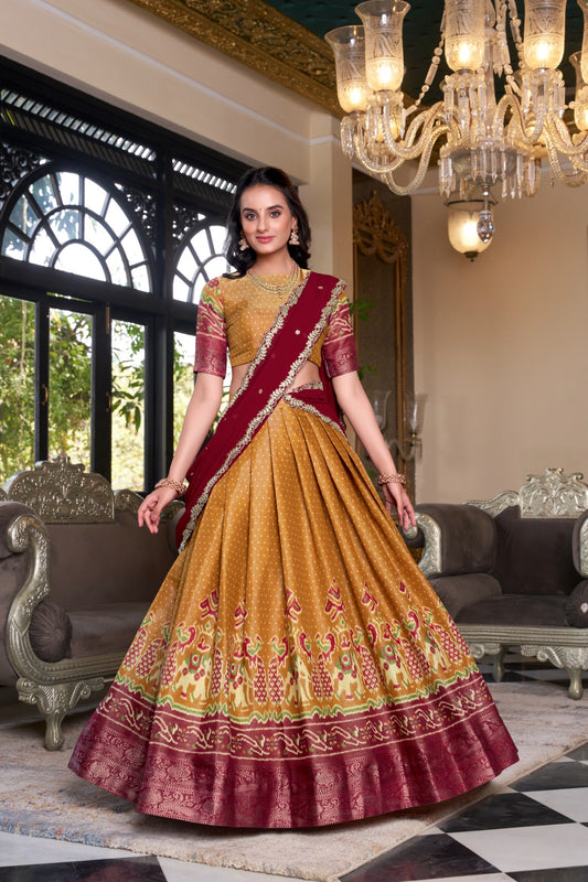 Mustard color kanchipuram lehenga choli for women