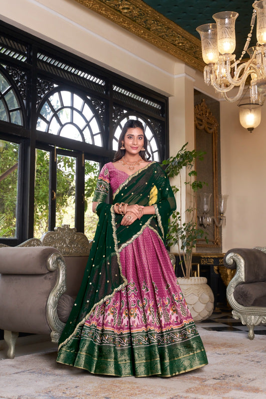 Pink color kanchipuram lehenga choli for wedding
