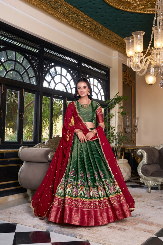 Green color kanchipuram lehenga choli for wedding