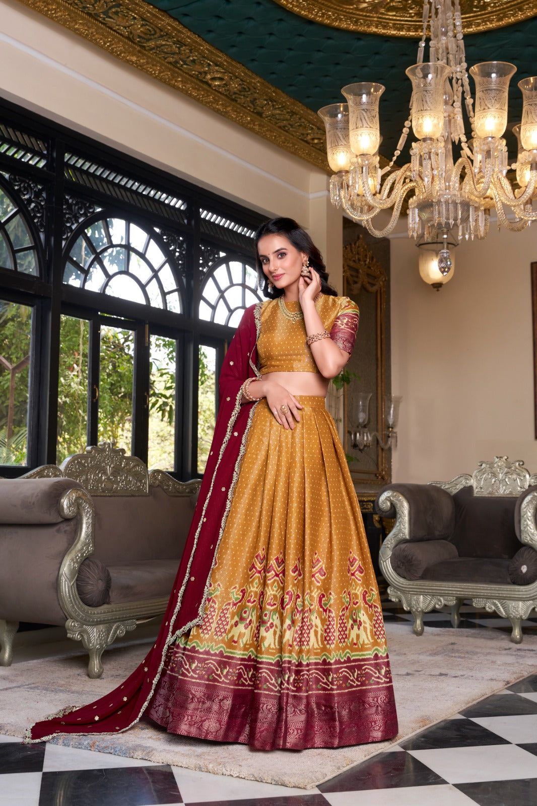 Mustard color kanchipuram lehenga choli with dupatta