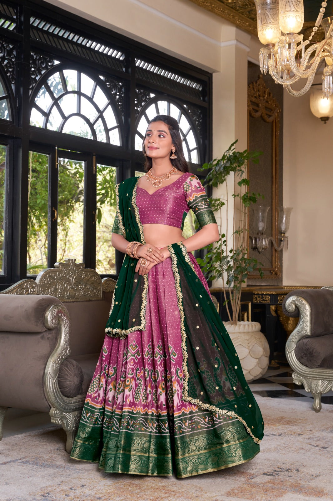 Pink color kanchipuram lehenga choli with dupatta
