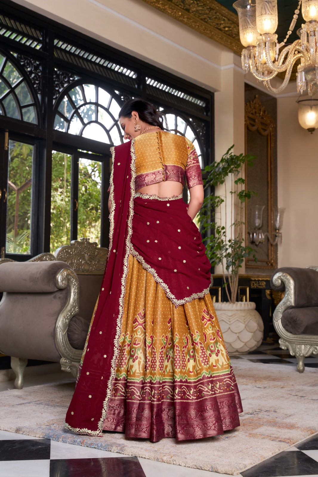 Mustard color kanchipuram lehenga choli with dupatta online