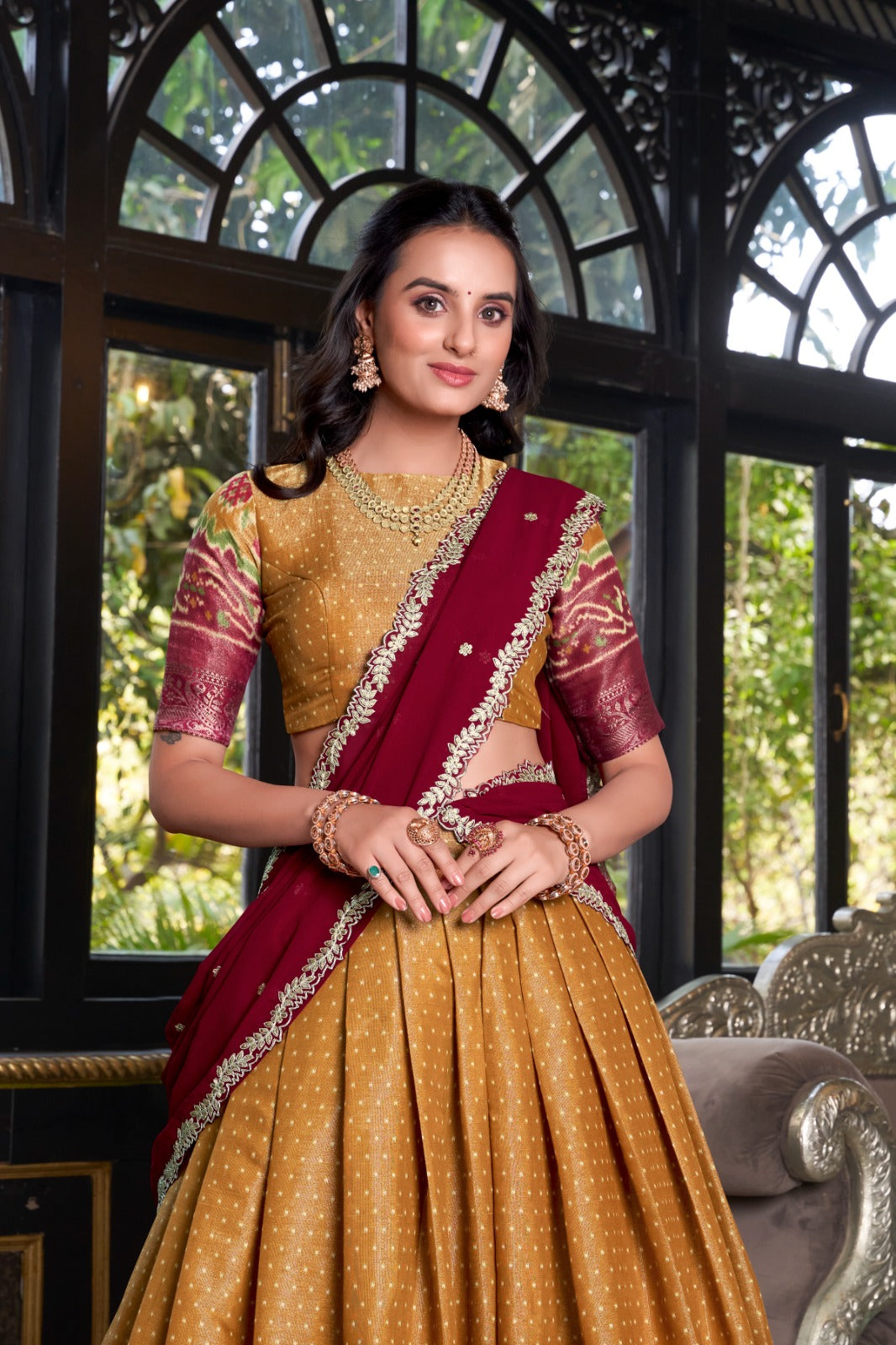 Mustard color kanchipuram lehenga choli with dupatta price