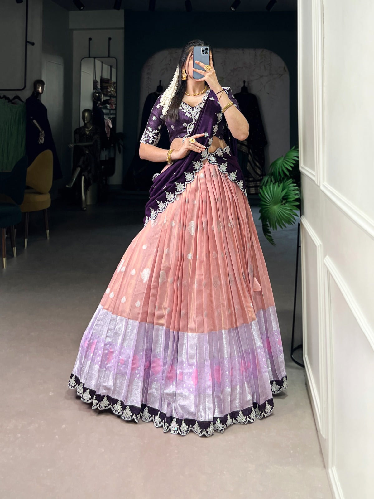 Peach color zari kota lehenga choli for women