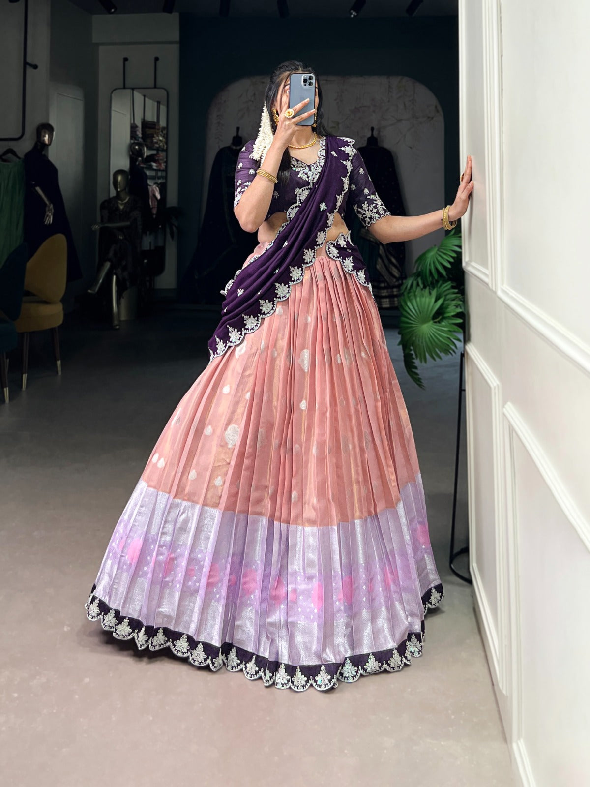 Peach color zari kota lehenga choli for wedding