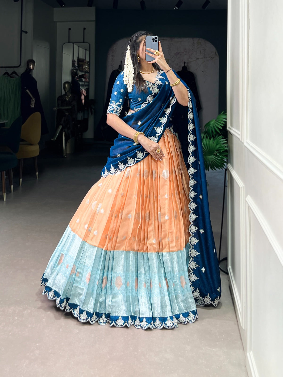 Orange color zari kota lehenga choli online