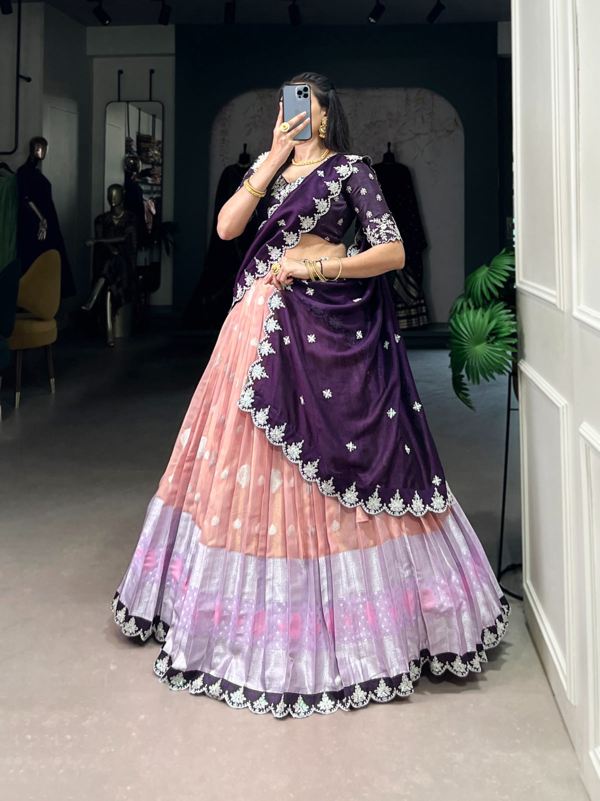 Peach zari kota lehenga choli with dupatta images