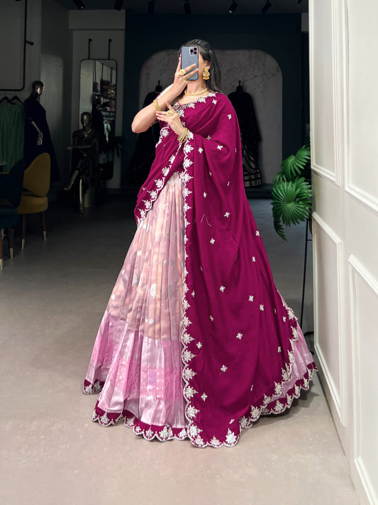 Pink color zari kota lehenga choli for party