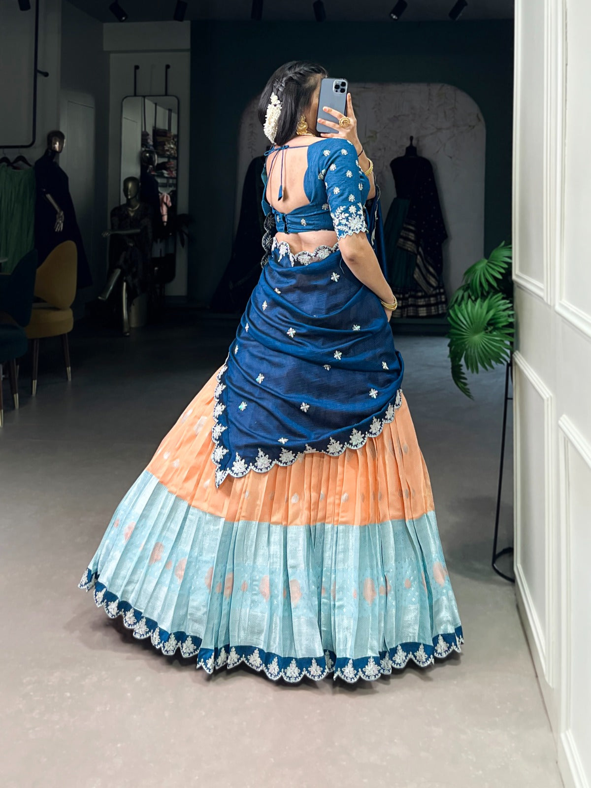 Orange color zari kota lehenga choli price