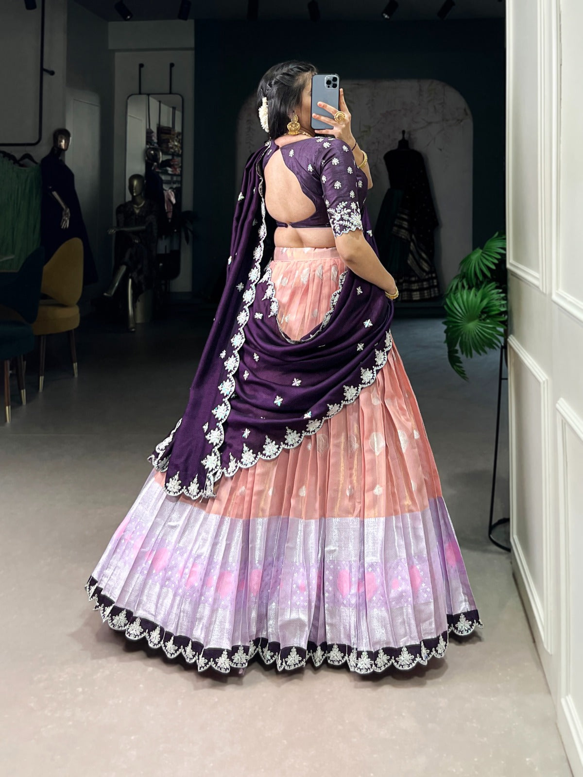 Peach color zari kota lehenga choli with dupatta price