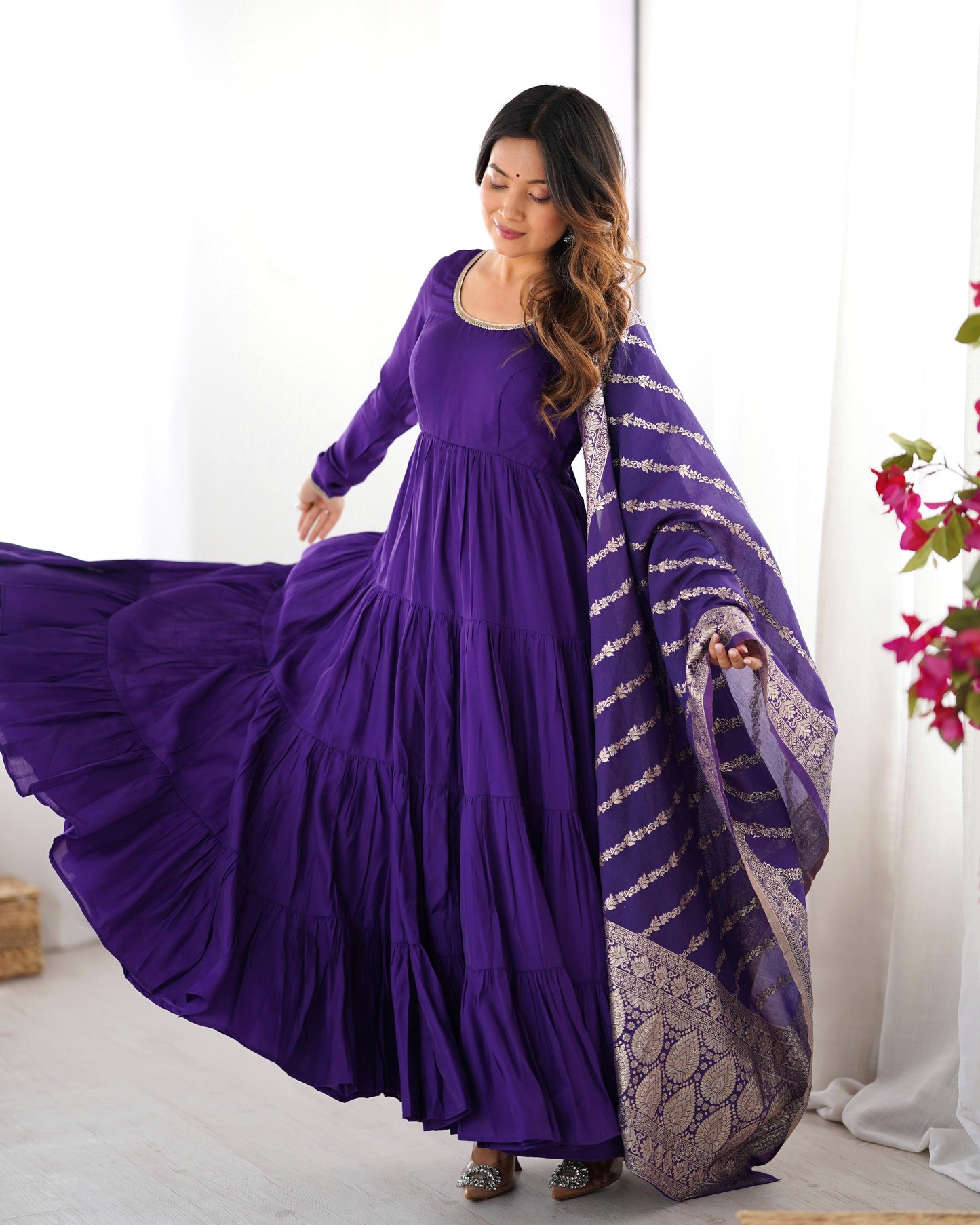 Purple roman silk chanderi gown with dupatta online