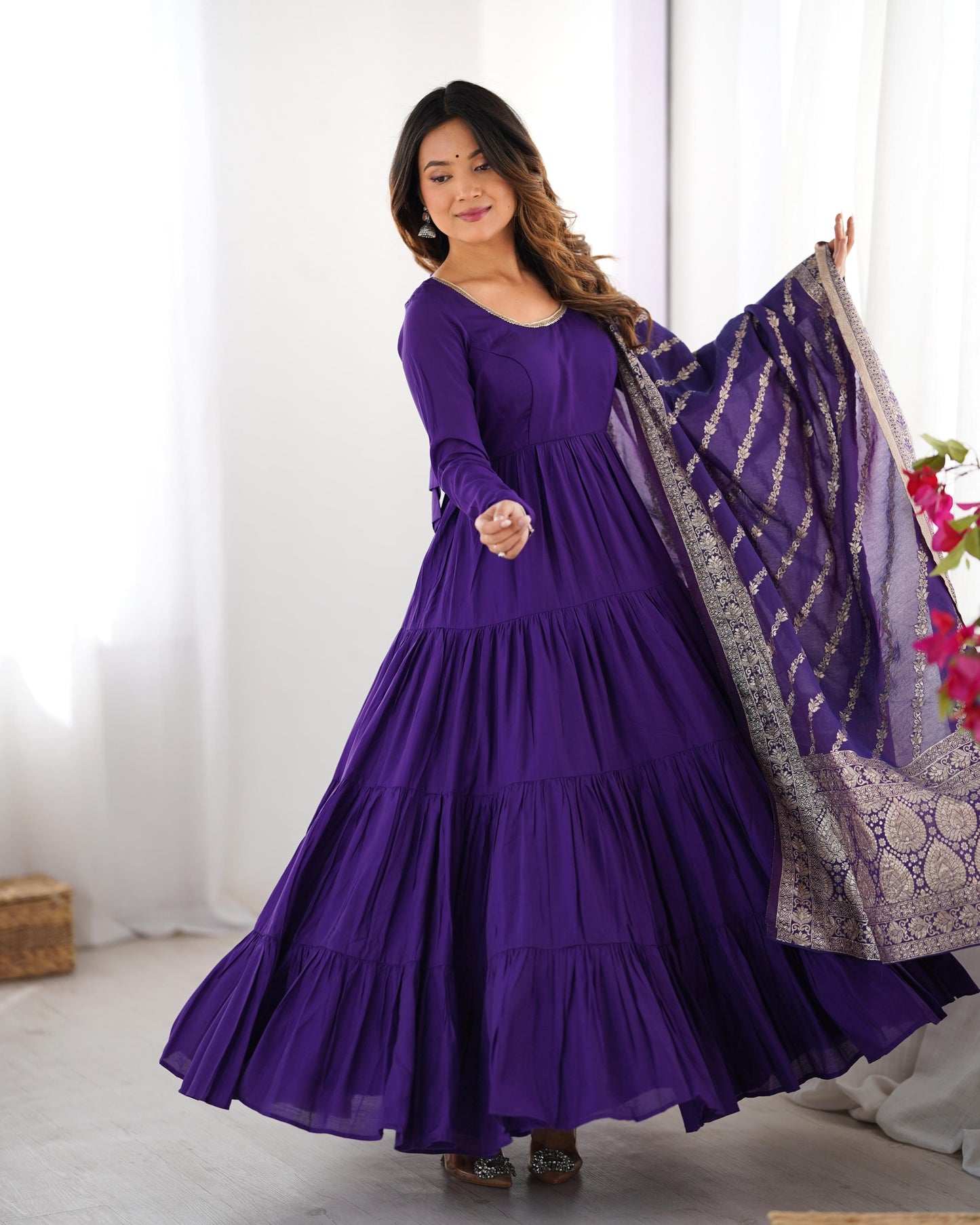 Purple roman silk chanderi gown with dupatta price