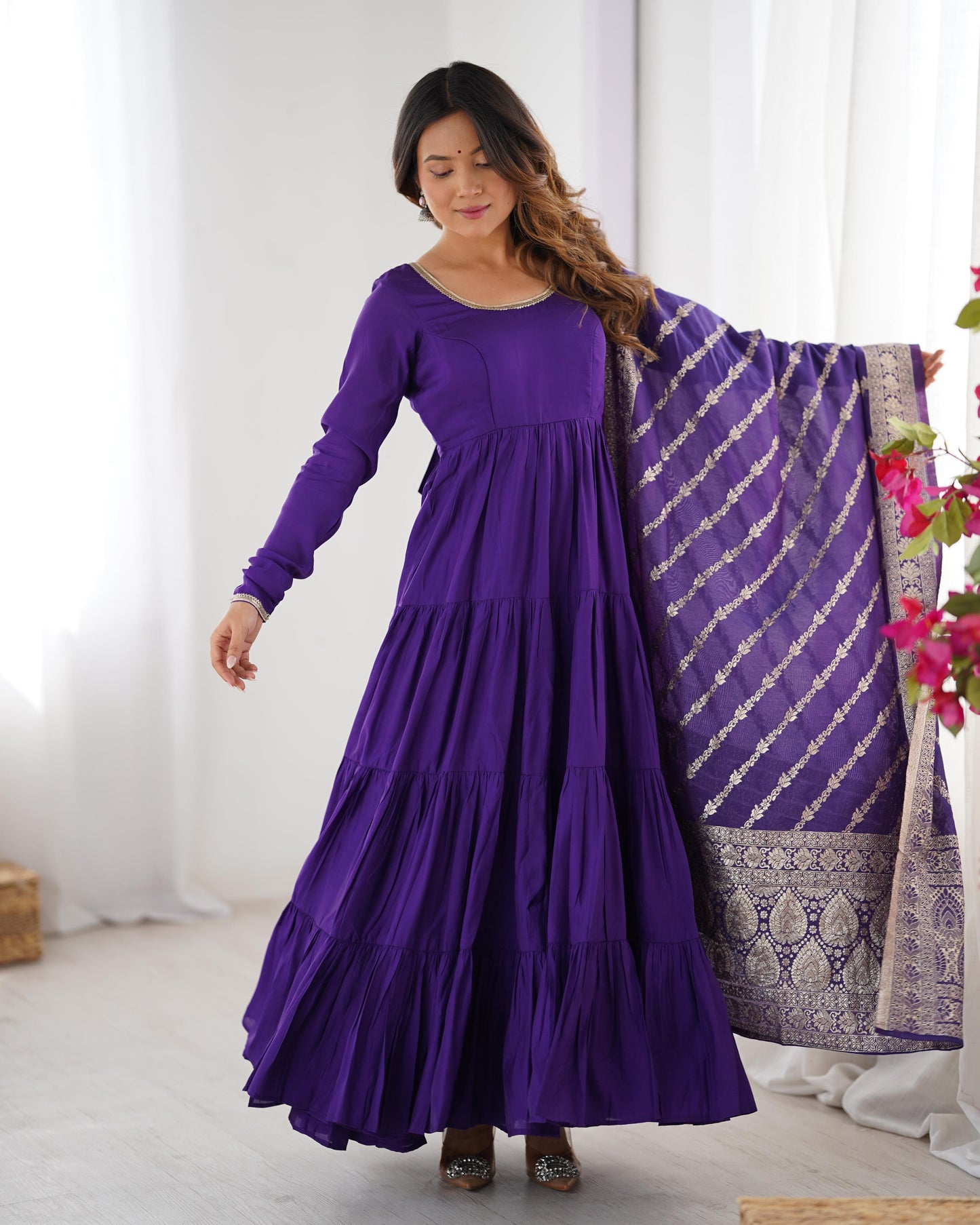 Purple roman silk chanderi gown with dupatta