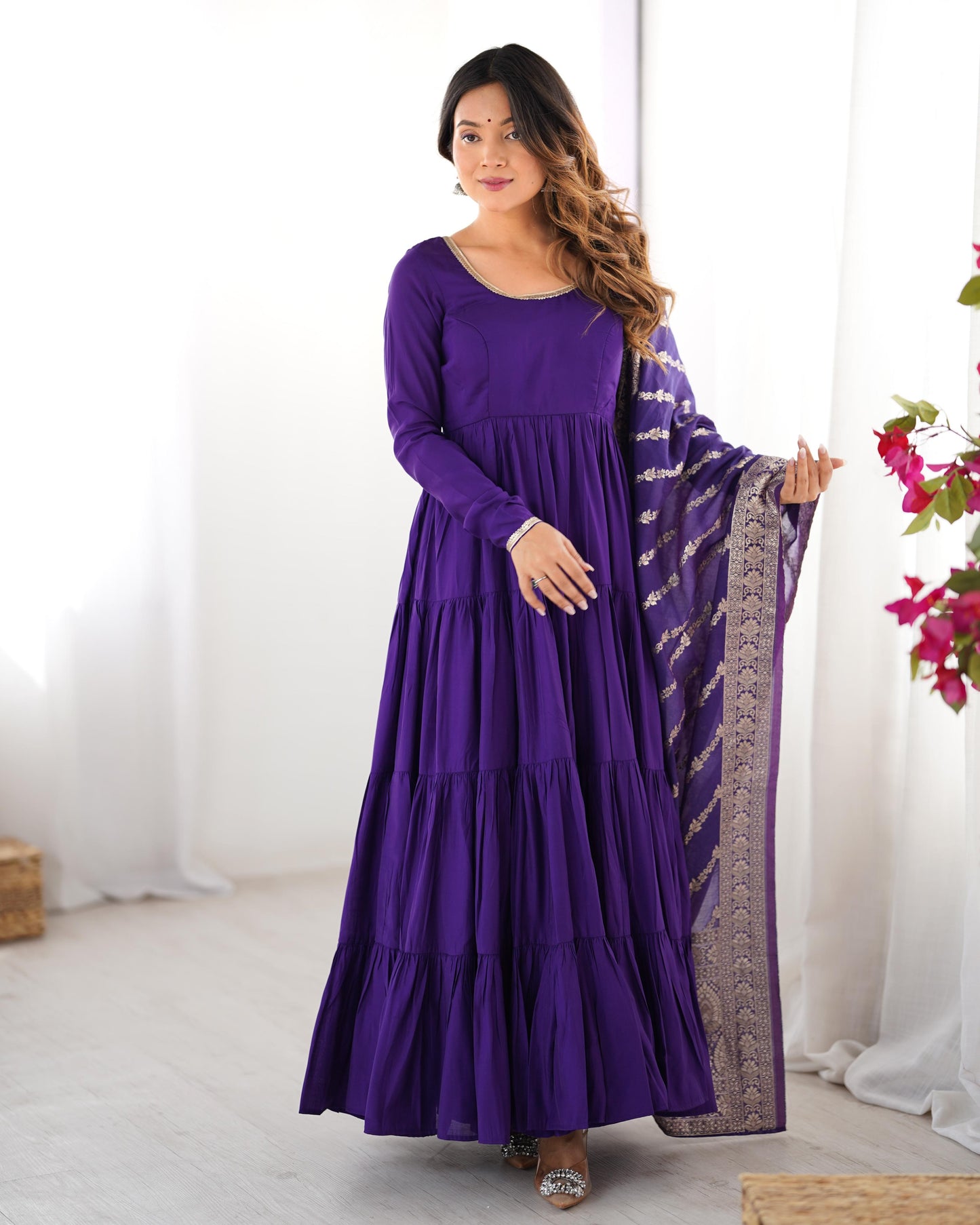 Purple roman silk chanderi gown for women