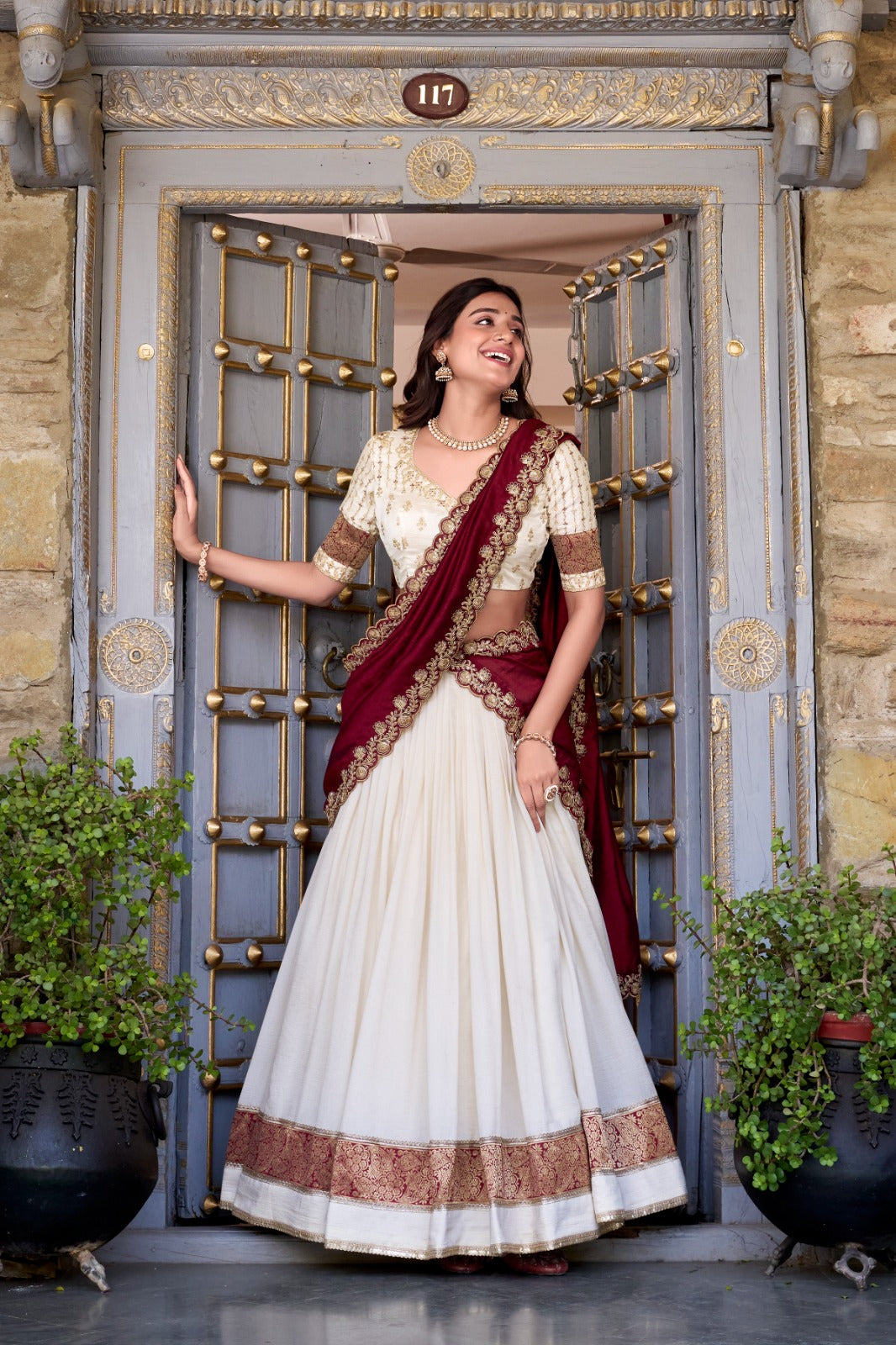 Off white color vichitra silk lehenga choli for women