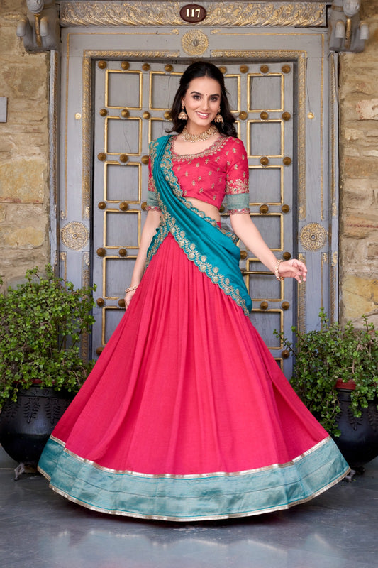 Pink color vichitra silk lehenga choli for wedding