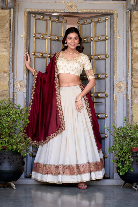 Off white color vichitra silk lehenga choli for wedding