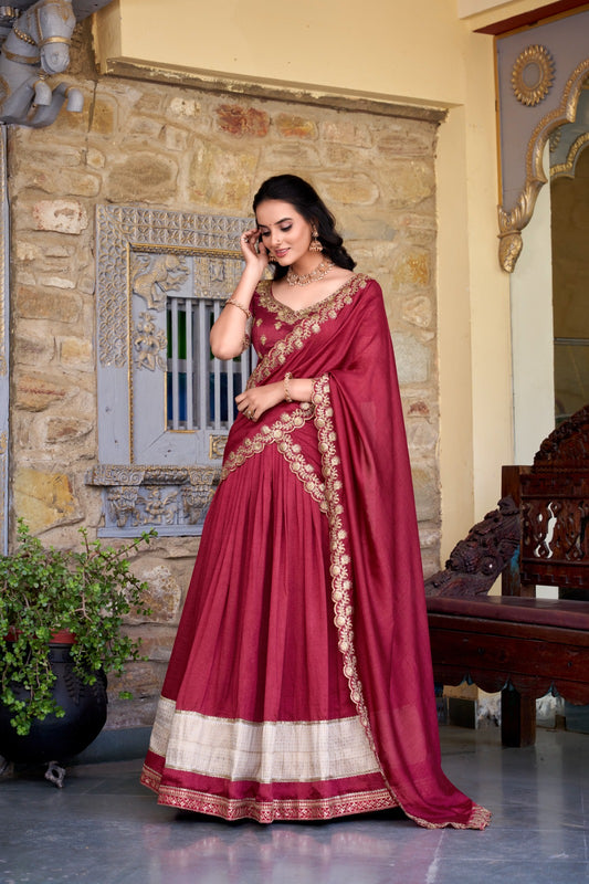 Red color vichitra silk lehenga choli for wedding