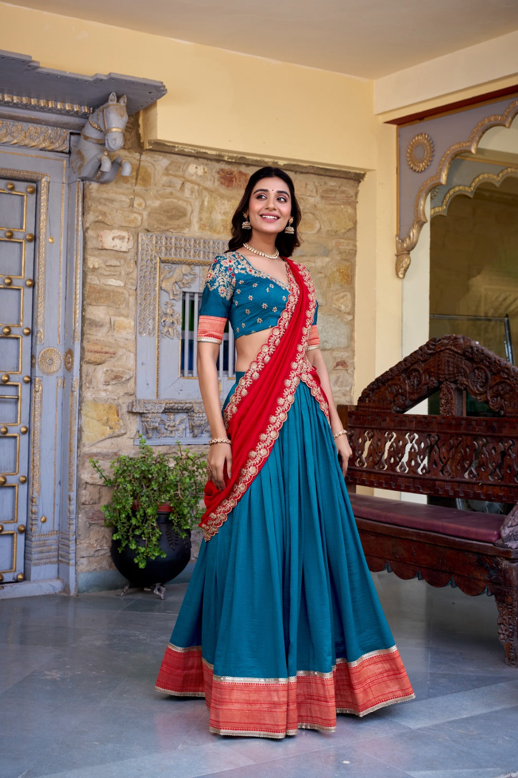 Teal color vichitra silk lehenga choli with dupatta