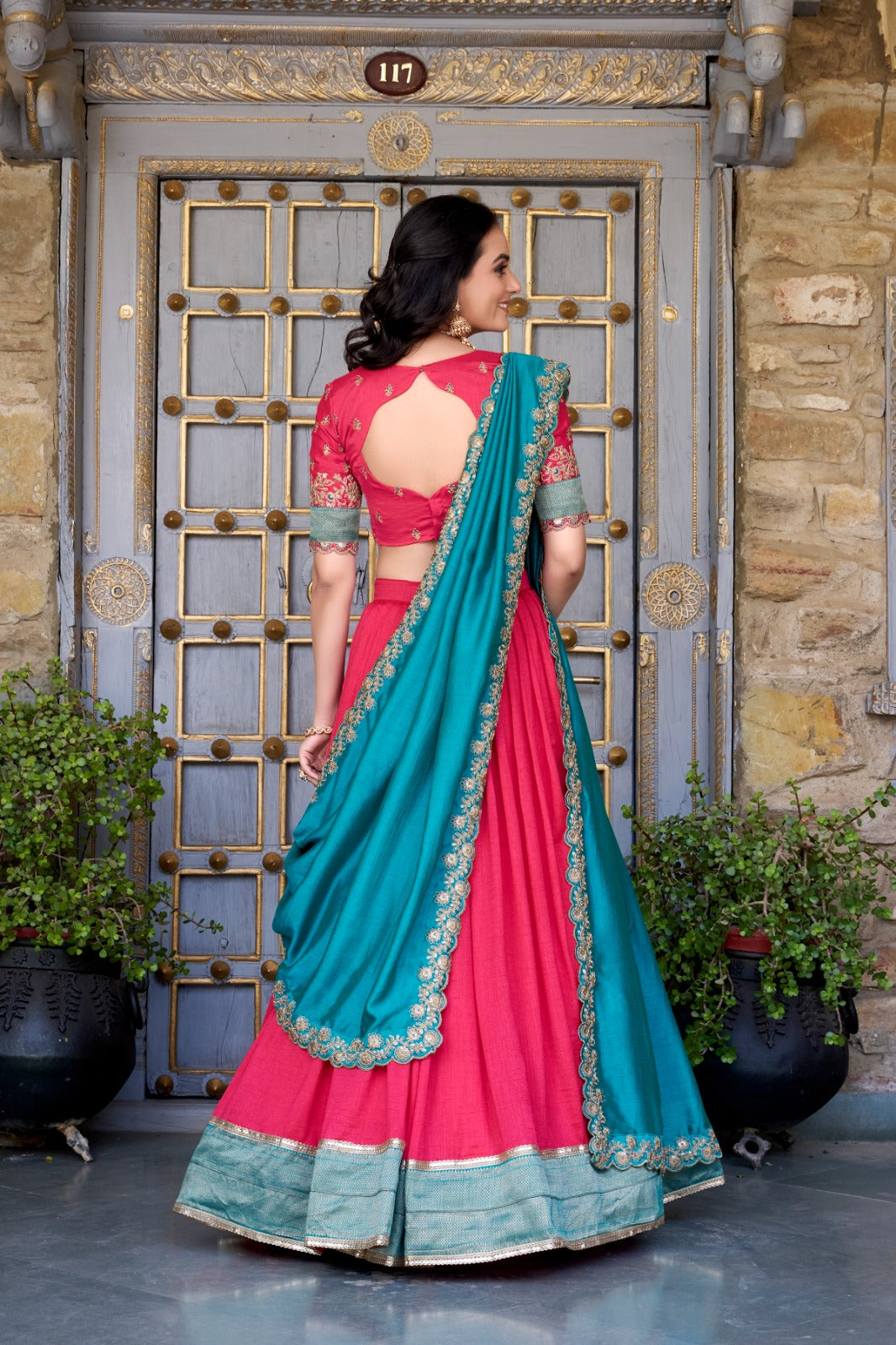 Pink color vichitra silk lehenga choli with dupatta